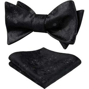 MENS Self Tie Bow Tie Handkerchief Woven Black 01